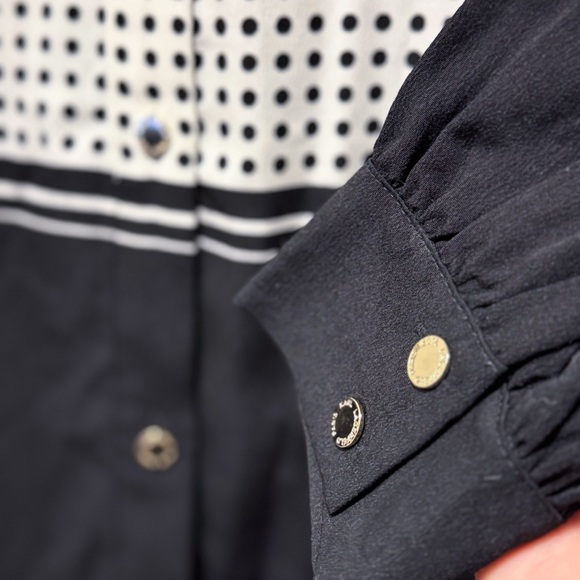 Karl Lagerfeld Paris Polka Dot Tie-Neck Blouse - Black & White Colorblock - S - Picture 4 of 8